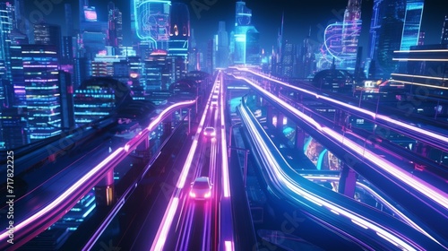 Retro-futuristic 80s style drive in neon city. Cyberpunk sunset landscape with a moving car on a highway road. Neural network AI generated art © mehaniq41