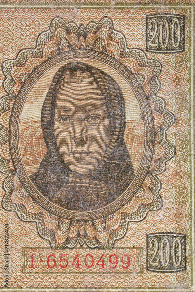Vintage elements of old paper banknotes.Old 200 karbovanez bill of Ukraine. Occupying the money of the German Reich in 1941,Rovno