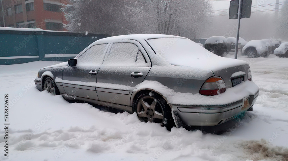A car stuck in the snowdrift, an automobile is covered with snow and ice in winter, winter road transport collapse. Very cold frosty snowy weather. A car stuck in the snowdrift, an automobile is covered with snow and ice in winter, winter road transport collapse. Very cold frosty snowy weather.