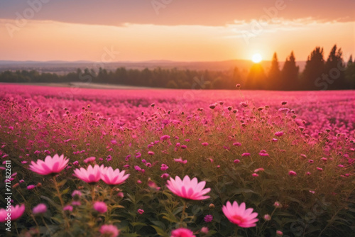 Close-up of a pink flower field with a beautiful sunset