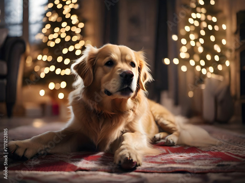 Cute golden retriever dog on carpet. Winter Christmas holidays and hygge concept. Atmospheric moments lifestyle. Generative AI