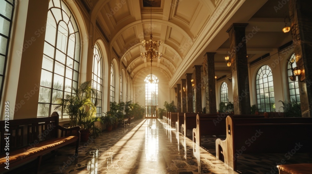 Spacious hall with high ceilings, marble floors, and arched windows casting sun rays