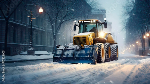 Snow removal orange equipment in the city street. Snow truck tractor cleaning snowy road in snowstorm. Cleaning and clearing roads in the city from snow in winter. Snow removal after snowfalls and