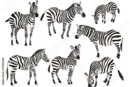 Set of charming zebra in different poses  watercolor