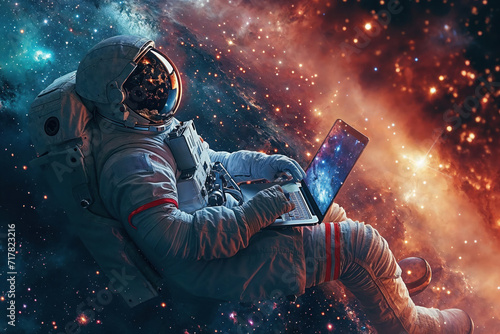 An astronaut typing on a laptop with a nebula and stars in the background