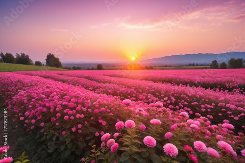 Close-up of a pink flower field with a beautiful sunset