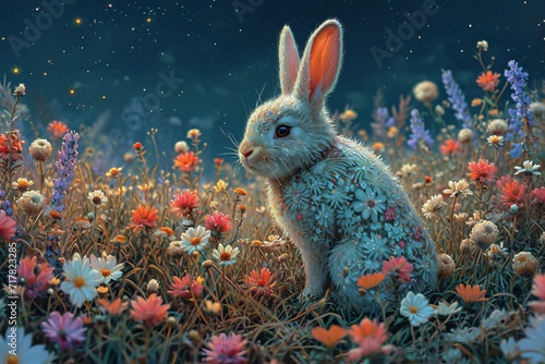 Bunny in the Field of Flowers: A Cute and Colorful Easter-Inspired Artwork Generative AI