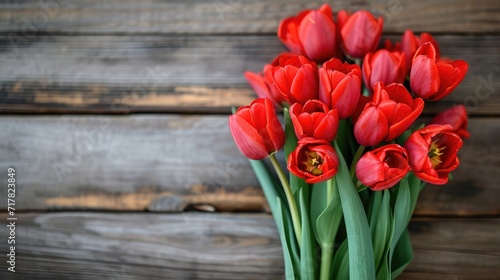 Bouquet of red tulips on a wooden background. Spring flowers. Mother's Day background.