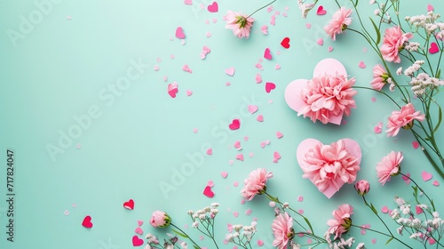 Creative layout with pink flowers, paper heart over punchy pastel background. Top view, flat lay. Spring, summer or garden concept. Present for Woman day.