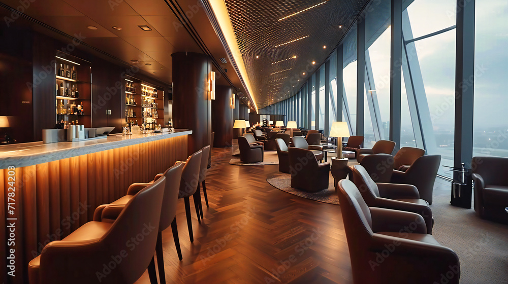 Elegant Bar Interior: Modern Design with Tables and Chairs, Symbolizing Luxury Dining and Hospitality