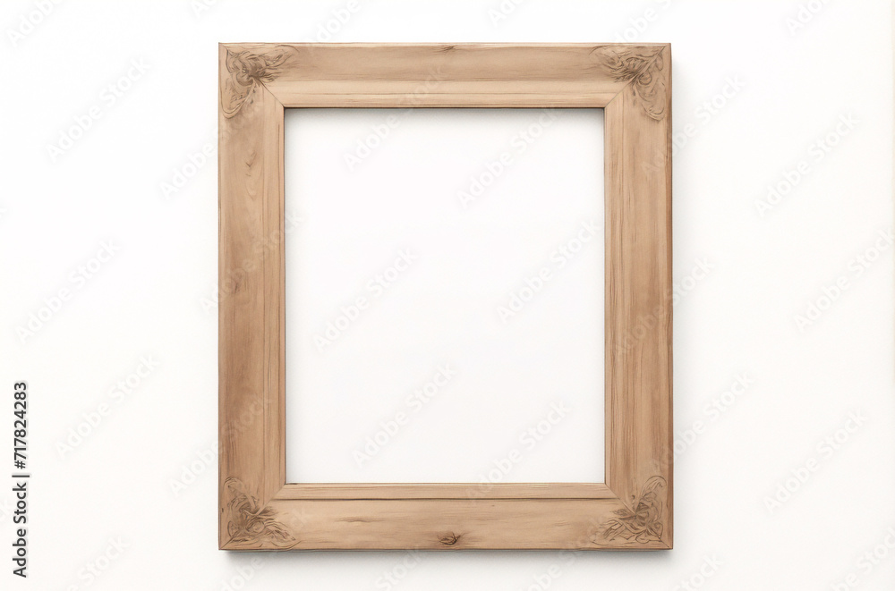 Marco vertical rectangular fino de madera clara colgado en una pared con textura blanca, plano, vista superior, ilustración 3D. Marco vertical rectangular fino de madera clara colgado en una pared con textura blanca, plano, vista superior, ilustración 3D.