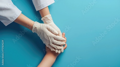 Doctor's hands in gloves holding child's hands. Medical banner with copy space on blue background. Care concept.