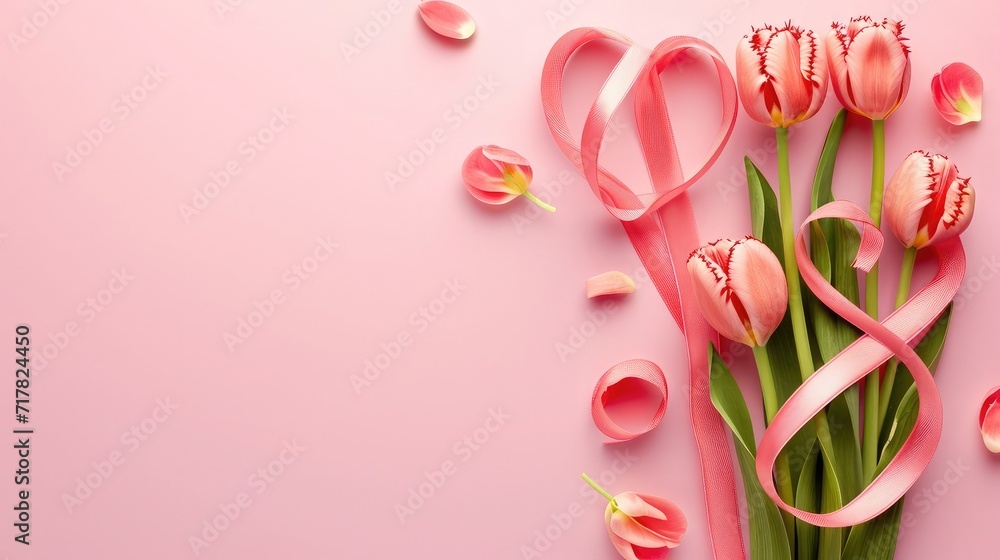 Figure 8 made of ribbon and tulip flowers for International Women's Day celebration on pink background with space for text Figure 8 made of ribbon and tulip flowers for International Women's Day celebration on pink background with space for text