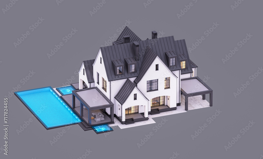 3d rendering of cute cozy white and black modern Tudor style house with parking and pool for sale or rent with beautiful landscaping. Fairy roofs. In evening Isolated on gray 3d rendering of cute cozy white and black modern Tudor style house with parking and pool for sale or rent with beautiful landscaping. Fairy roofs. In evening Isolated on gray