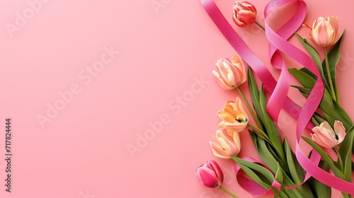 Figure 8 made of ribbon and tulip flowers for International Women's Day celebration on pink background with space for text #717824444