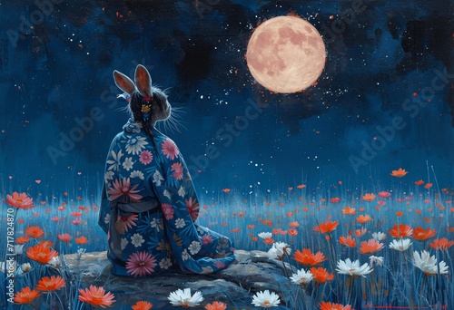 Rabbit in a Kimono, Staring at the Full Moon Generative AI photo