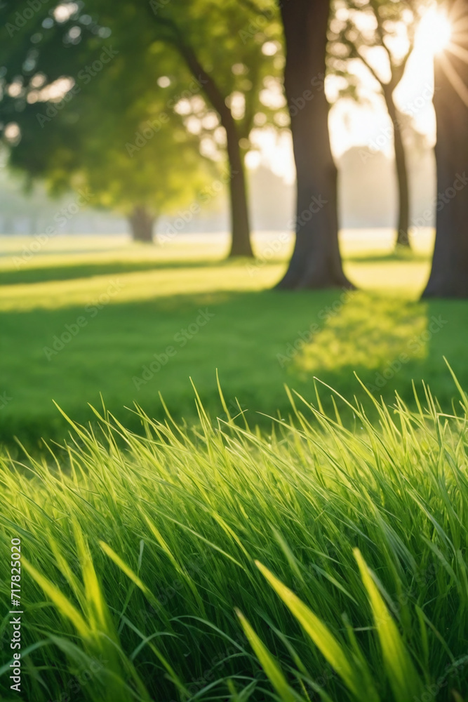Close-up of the grass in the foreground, morning light in a park with green field and trees Close-up of the grass in the foreground, morning light in a park with green field and trees