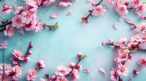 Happy women's day concept, pink plum blossom frame on pastel background. Flat lay ,top view.