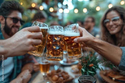 young people toasting beer in a group of friends