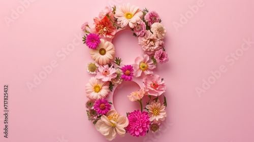 International Women's Day. Banner, flyer, beautiful postcard for March 8. Flowers in the shape of the number 8 on a pink background.