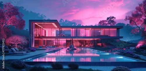 the futuristic modern glass and metal house is lit up with neon colored lights