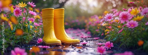 yellow rain boots stands on a pathway full bloom of flowers