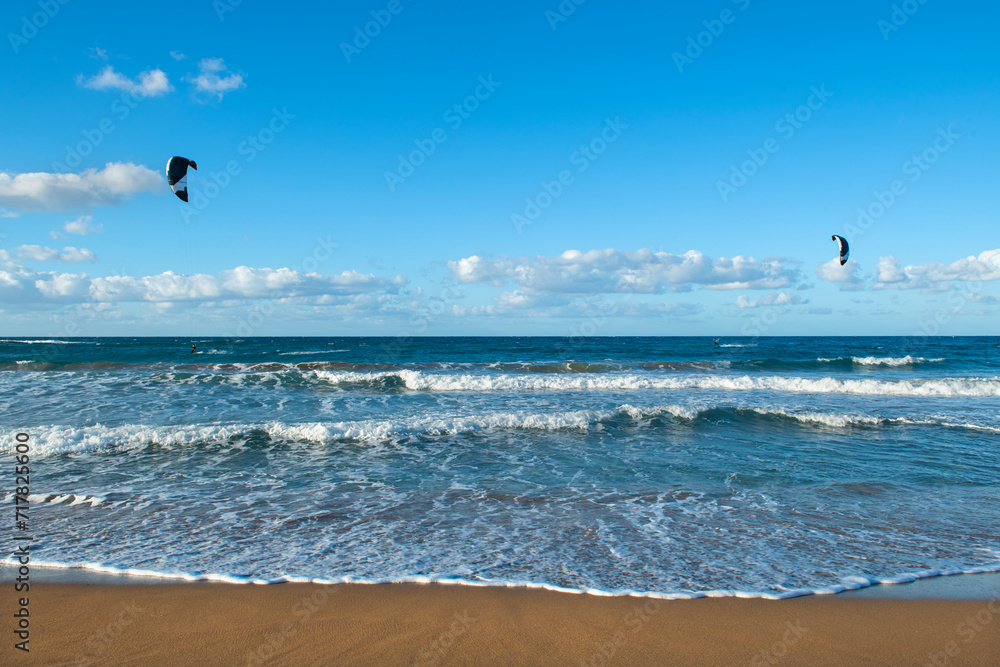 Kite surfing.Windsurf.Kite boarding.
To fly a kite. Surfers of all ages train in the Mediterranean. Flying a kite on the beaches of Cyprus.