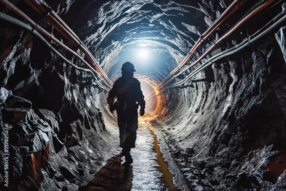 Coal mine worker in underground tunnel. Coal mining in mine. Miner in underground mine on coal mining work. - obrazy, fototapety, plakaty 