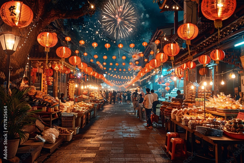 Chinese New Year Celebration: A Bustling Night Market with Fireworks and Lights Generative AI Chinese New Year Celebration: A Bustling Night Market with Fireworks and Lights Generative AI