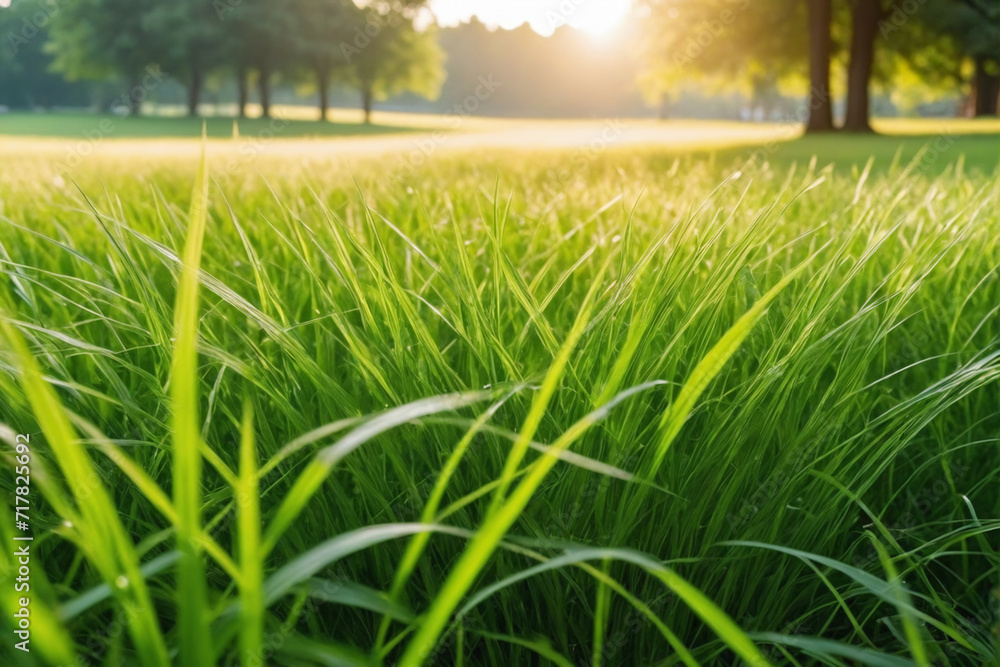 Close-up of the grass in the foreground, morning light in a park with green field and trees