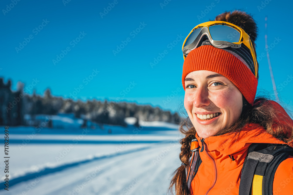 Cross country skiing. Portrait of woman on track, smiling. Blue sky. Women prefer winter and winter sports. Cross country skiing. Portrait of woman on track, smiling. Blue sky. Women prefer winter and winter sports.