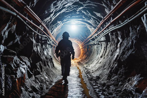 Fotografie, Obraz Coal mine worker in underground tunnel