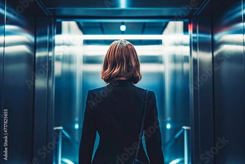Business woman entering elevator. She will take the elevator to a lower floor for a business meeting.