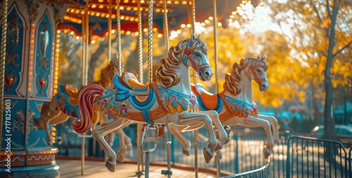 two carousel horses in a park