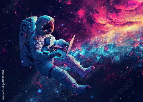 Astronaut with Laptop in Nebula Cloud