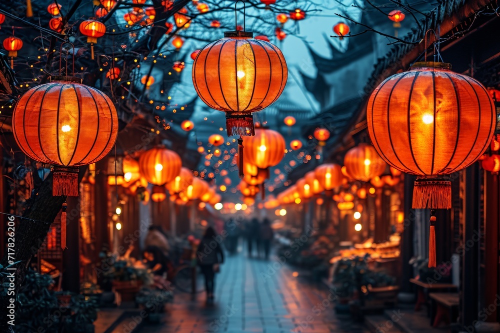 Chinese New Year Celebration: A Lively Street Scene with Colorful Lights and Decorations Generative AI