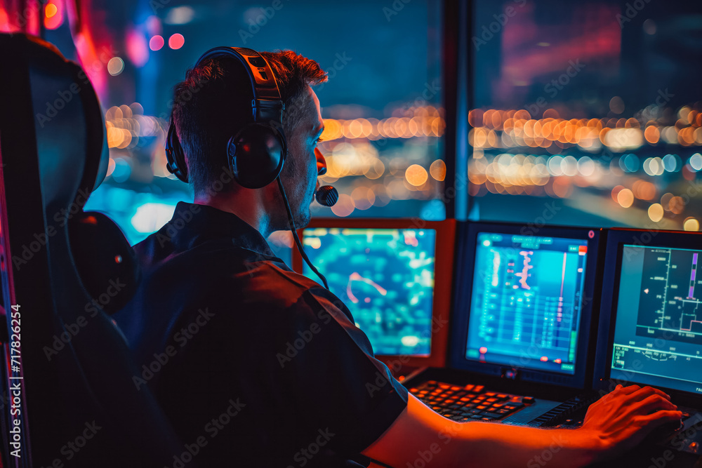 Man working as air traffic controller in airport control tower. Team of professional aircraft control officers works using radar, computer navigation and digital maps. Man working as air traffic controller in airport control tower. Team of professional aircraft control officers works using radar, computer navigation and digital maps.