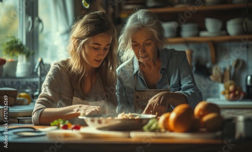 two women together in the kitchen on the same table,