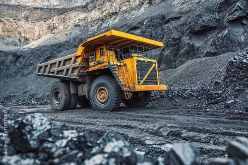 Mining truck in a coal mine loading coal. Mining truck mining machinery for transporting coal from open pit as coal production.