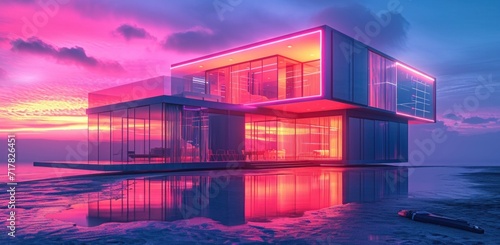 the futuristic modern glass and metal house is lit up with neon colored lights