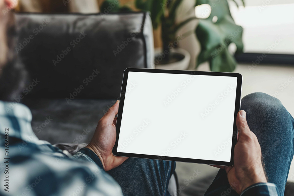 cropped view of man holding digital tablet with blank screen at home cropped view of man holding digital tablet with blank screen at home