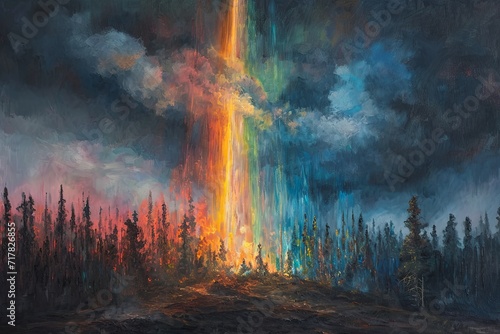 Oil painting of a wide vertical rainbow beam crashing to the ground from high in the sky and scorching the gound. close up view. black clouds. forest. fire. photo