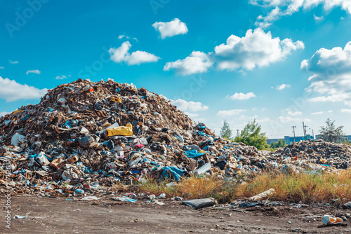 Significant pile of domestic waste emphasizing the pressing environmental issue of over consumption and subsequent waste generation. Blue sky