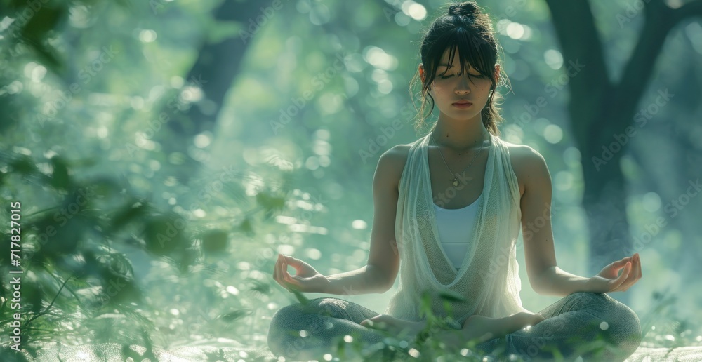 yoga in forest with woman in lotus position