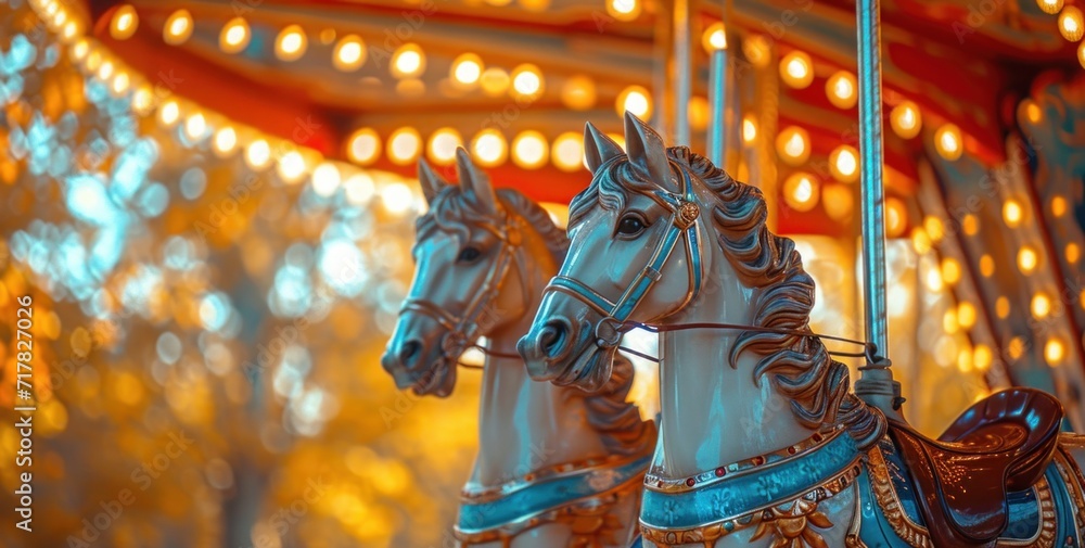 two wooden carousel horse on an autumn day