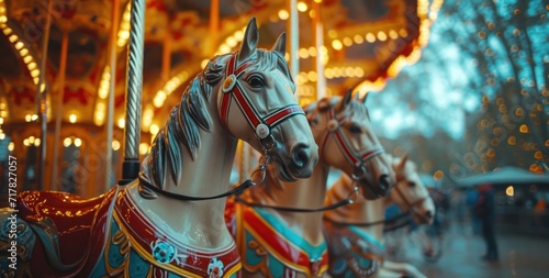two horses on a carousel in the city 