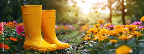 yellow rain boots stand in the sunlight in front of flowers in a garden