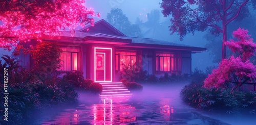 the house is lit up with a neon light