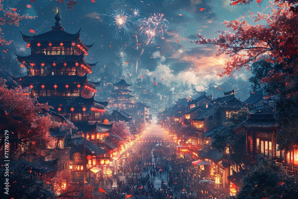 Fototapeta premium Chinese New Year Celebration in the City of Lights Generative AI