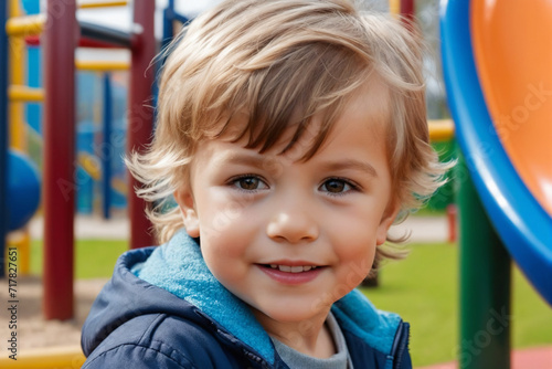 Close-up portrait of a little boy engaged in outdoor play at school or kindergarten playground